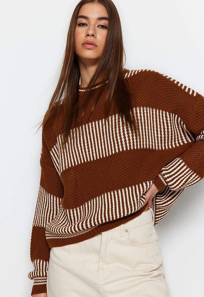 Trendyol - Wide Pattern Striped Knitted Sweater - Brown 