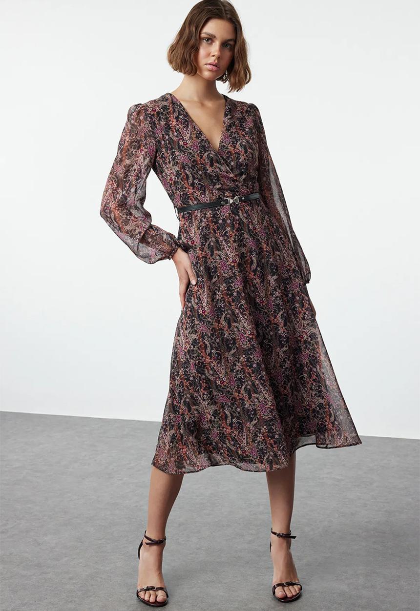 Trendyol - Brown Floral Belted A-Line Midi Double Breasted Collar Chiffon Woven Dress