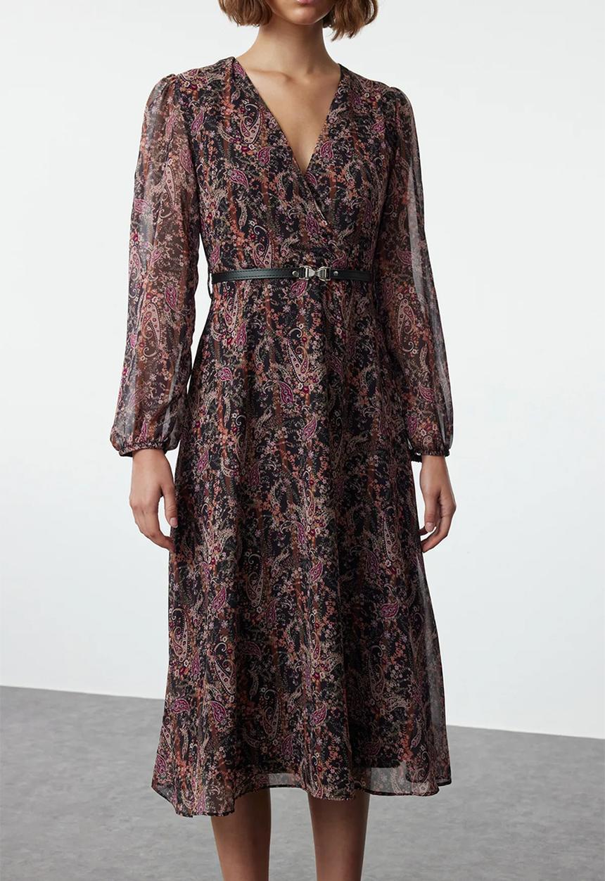 Trendyol - Brown Floral Belted A-Line Midi Double Breasted Collar Chiffon Woven Dress