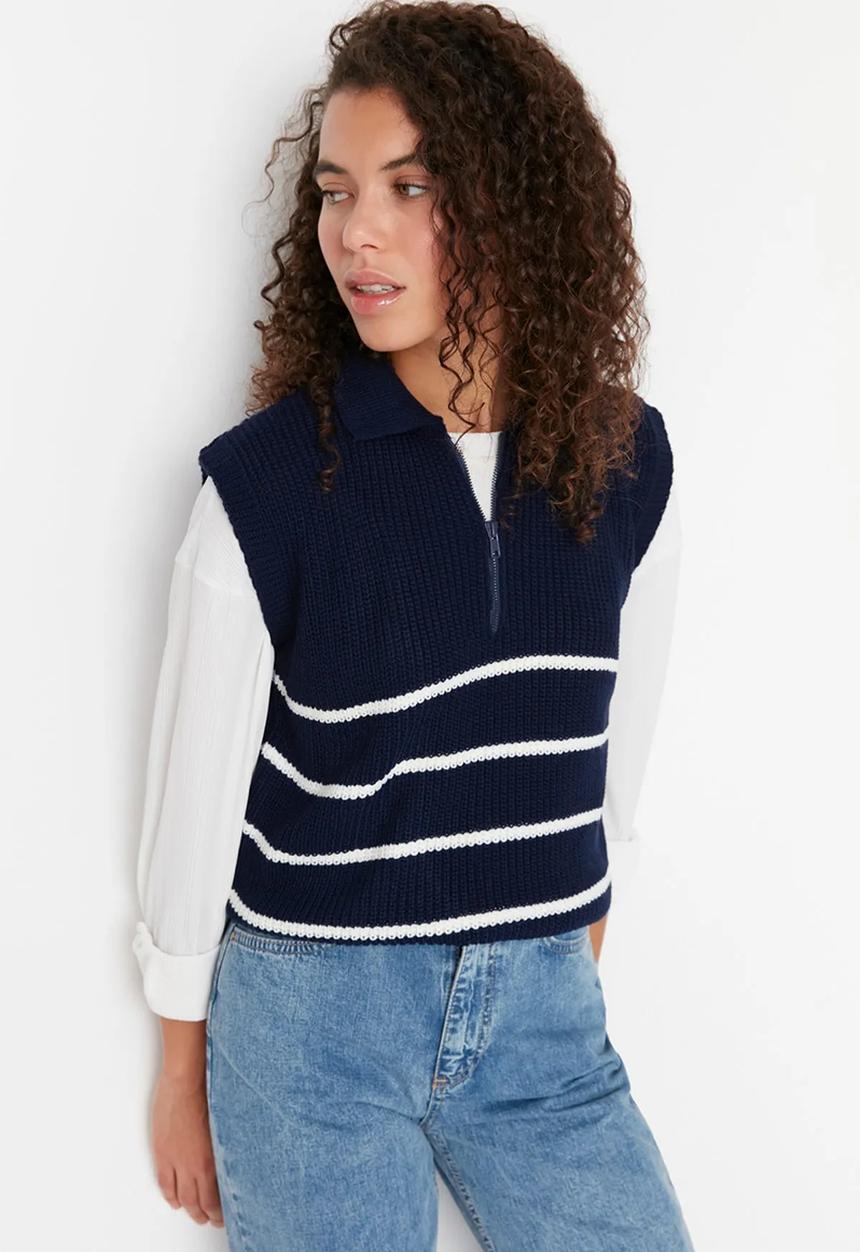 Trendyol - Zippered striped polo neck knit sweater - navy blue 