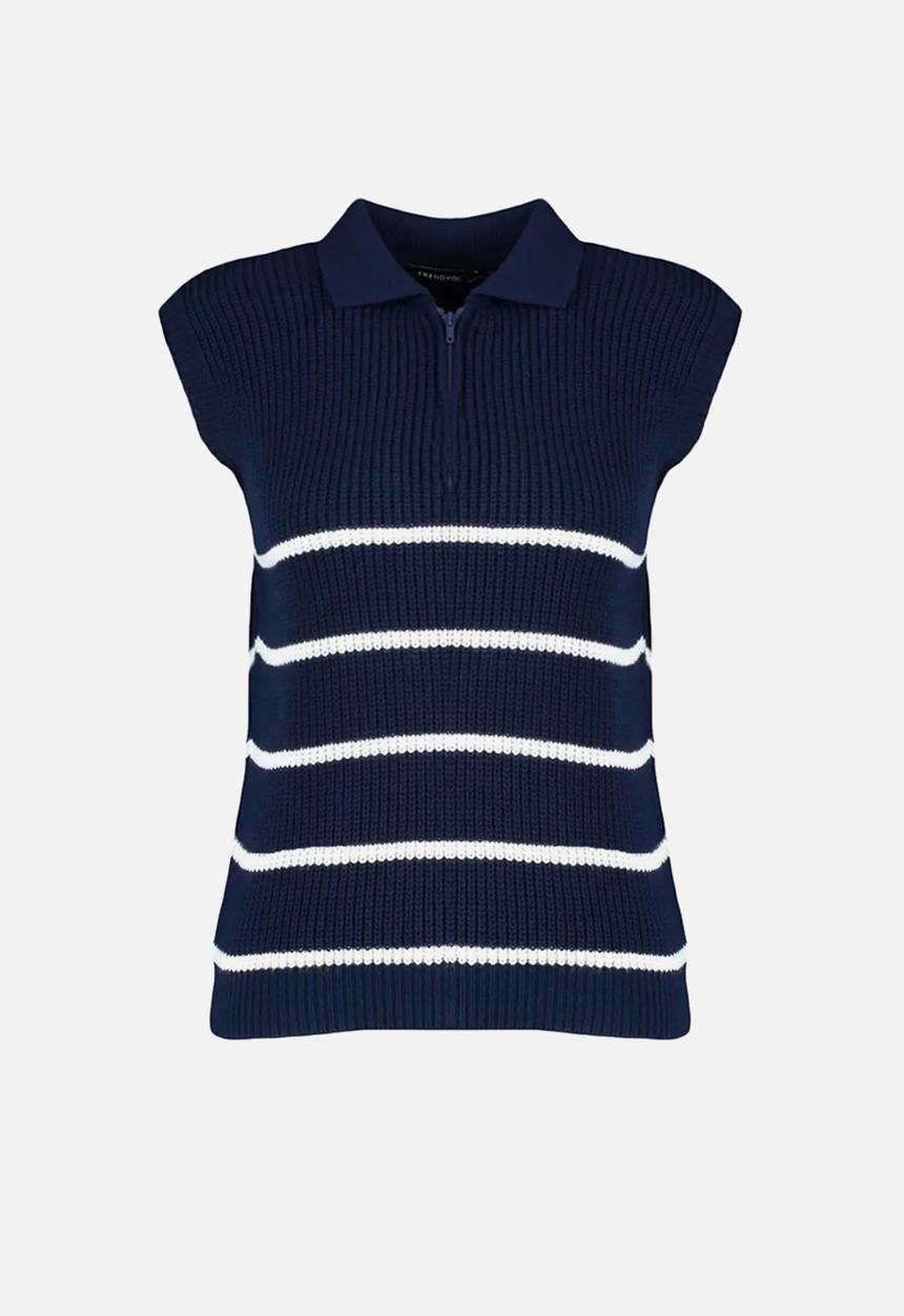 Trendyol - Zippered striped polo neck knit sweater - navy blue 
