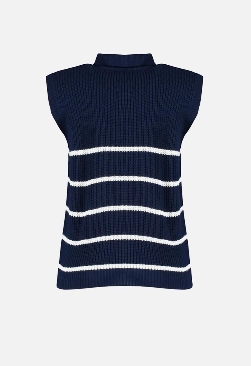 Trendyol - Zippered striped polo neck knit sweater - navy blue 