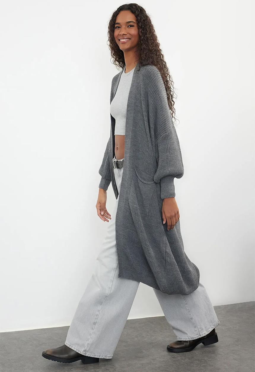 Trendyol - Anthracite maxi basic knitwear cardigan