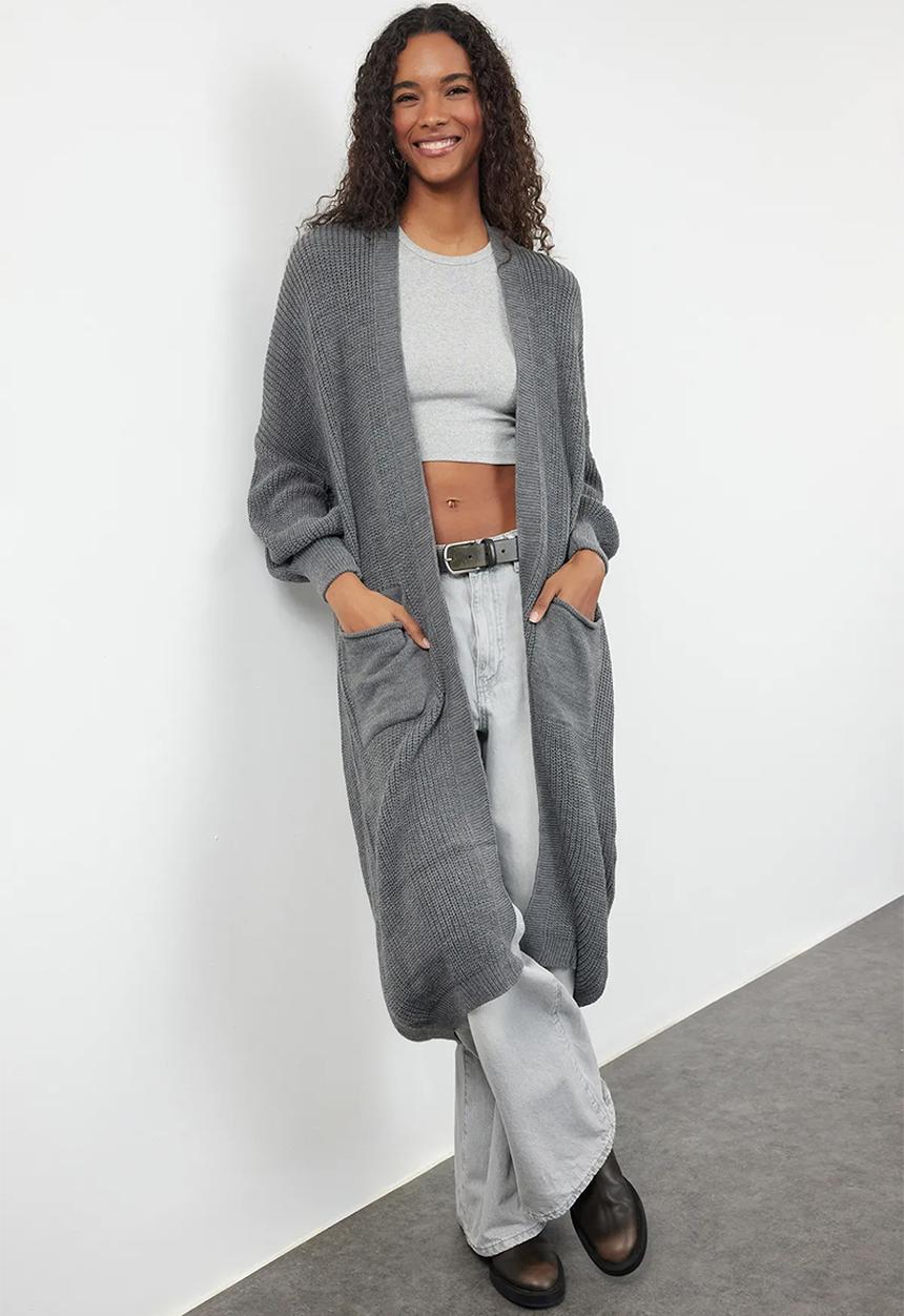 Trendyol - Anthracite maxi basic knitwear cardigan