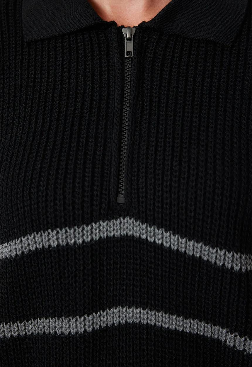 Trendyol - Zippered striped polo neck knit sweater - black