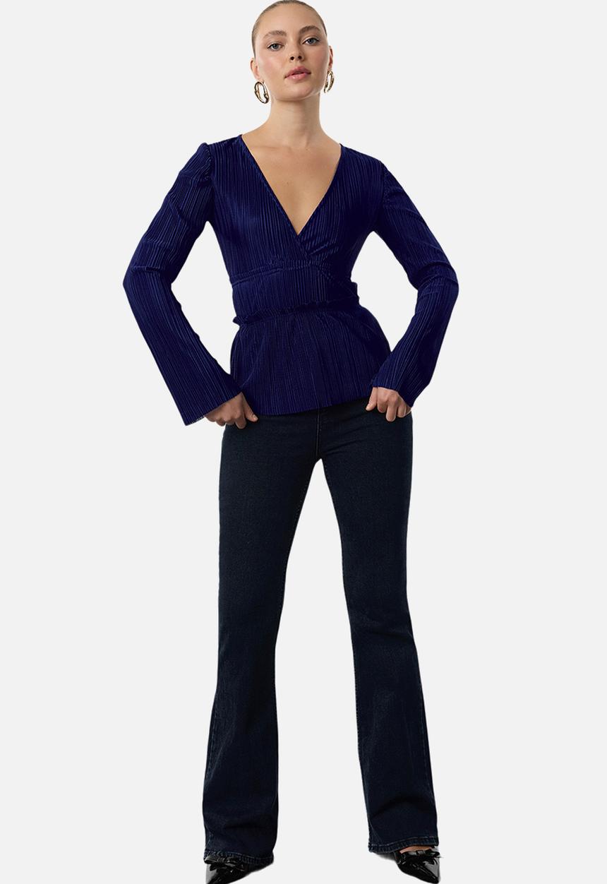 Trendyol - Pleat detailed double breasted ruffle v neck blouse - navy