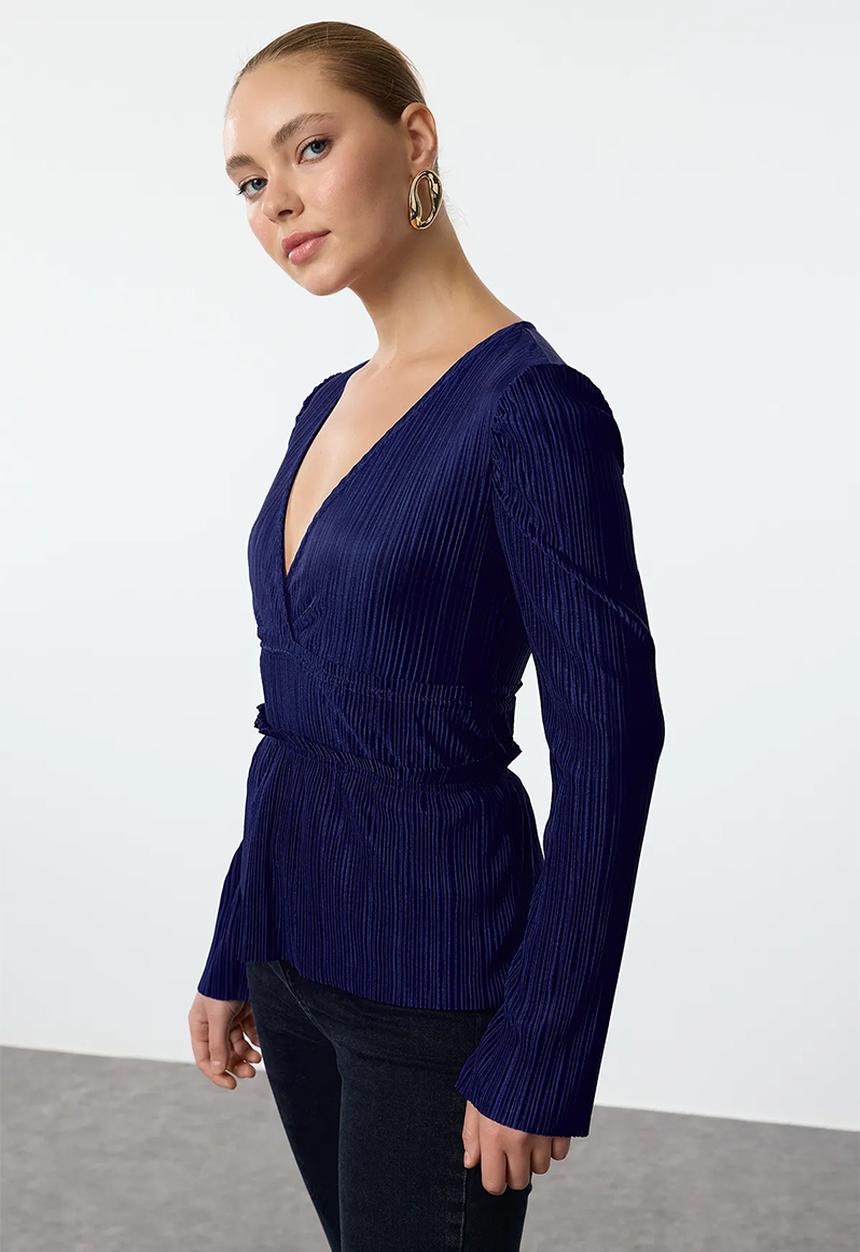 Trendyol - Pleat detailed double breasted ruffle v neck blouse - navy