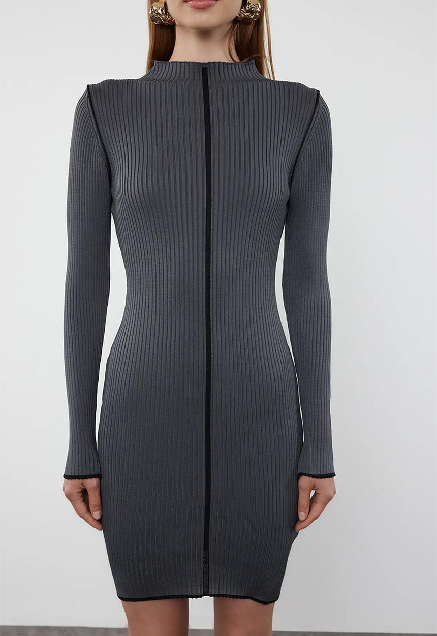 Trendyol - Mini Knitwear Contrast Color Dress - Grey