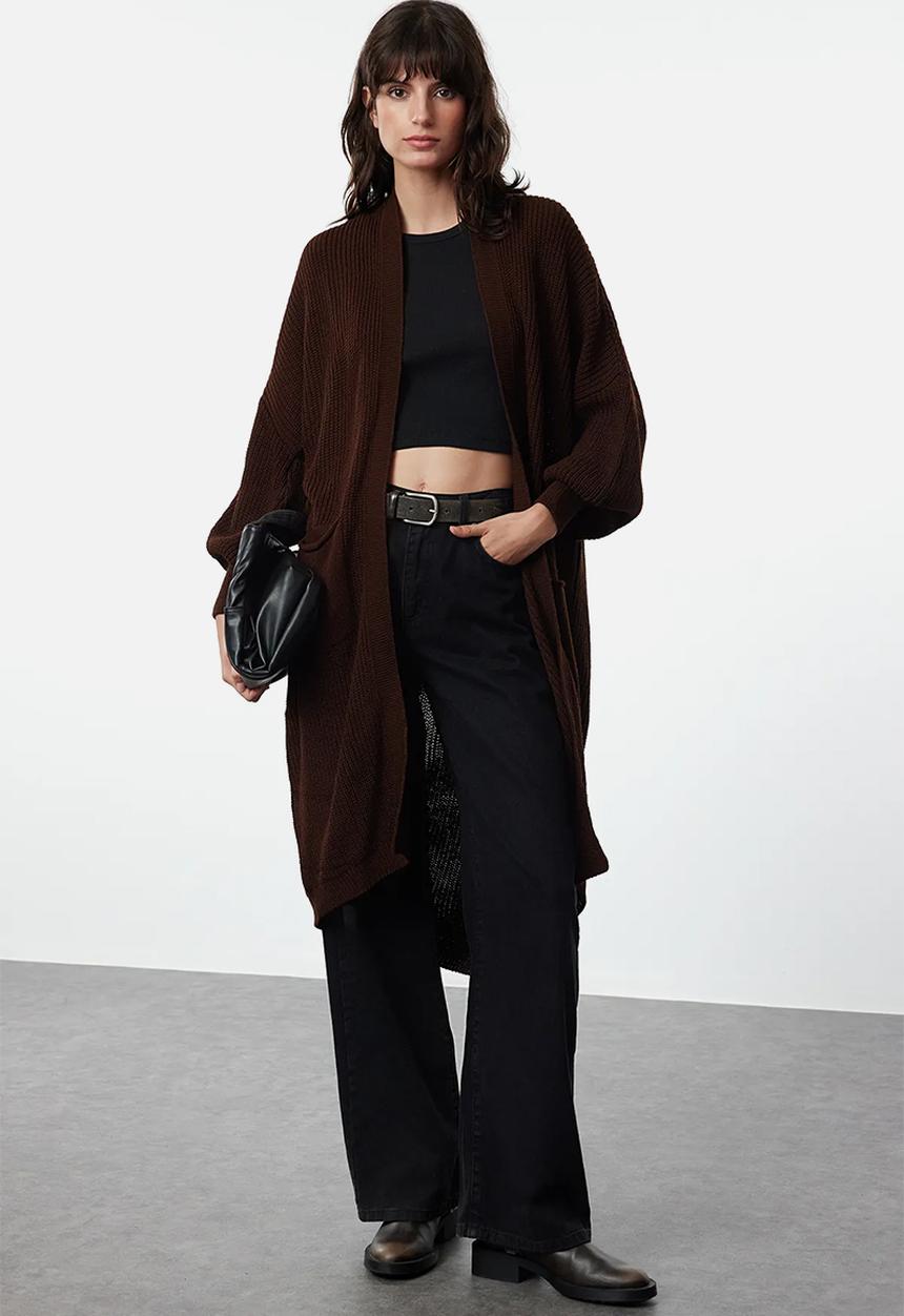 Trendyol - Brown Maxi Basic Knitwear Cardigan