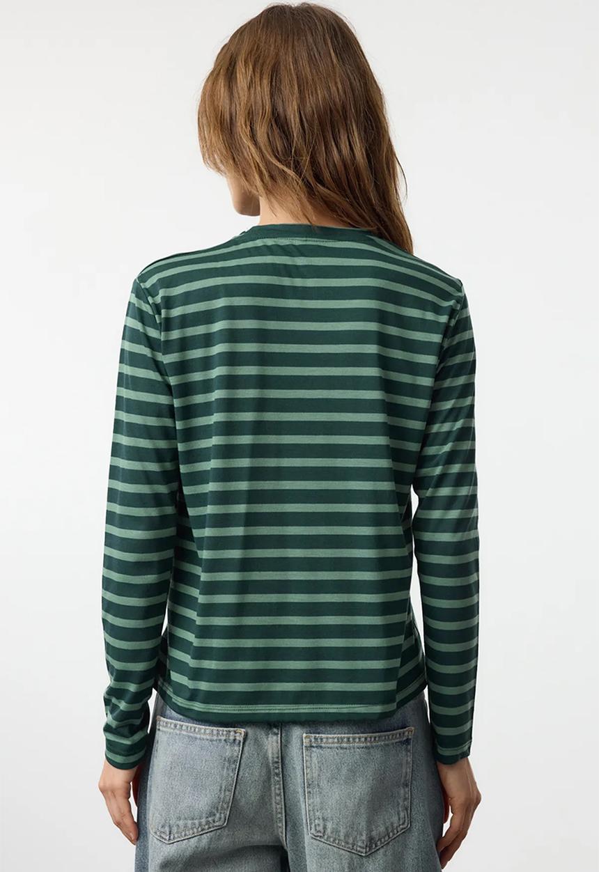 Trendyol - Striped Crew Neck Knitted T-Shirt - Petrol Mint