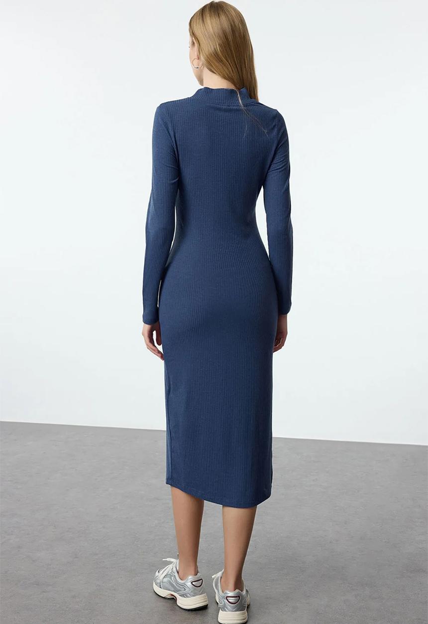 Trendyol - Ribbed Deep Slit Detailed Fitted Midi Stretchy Knitted Dress - Indigo