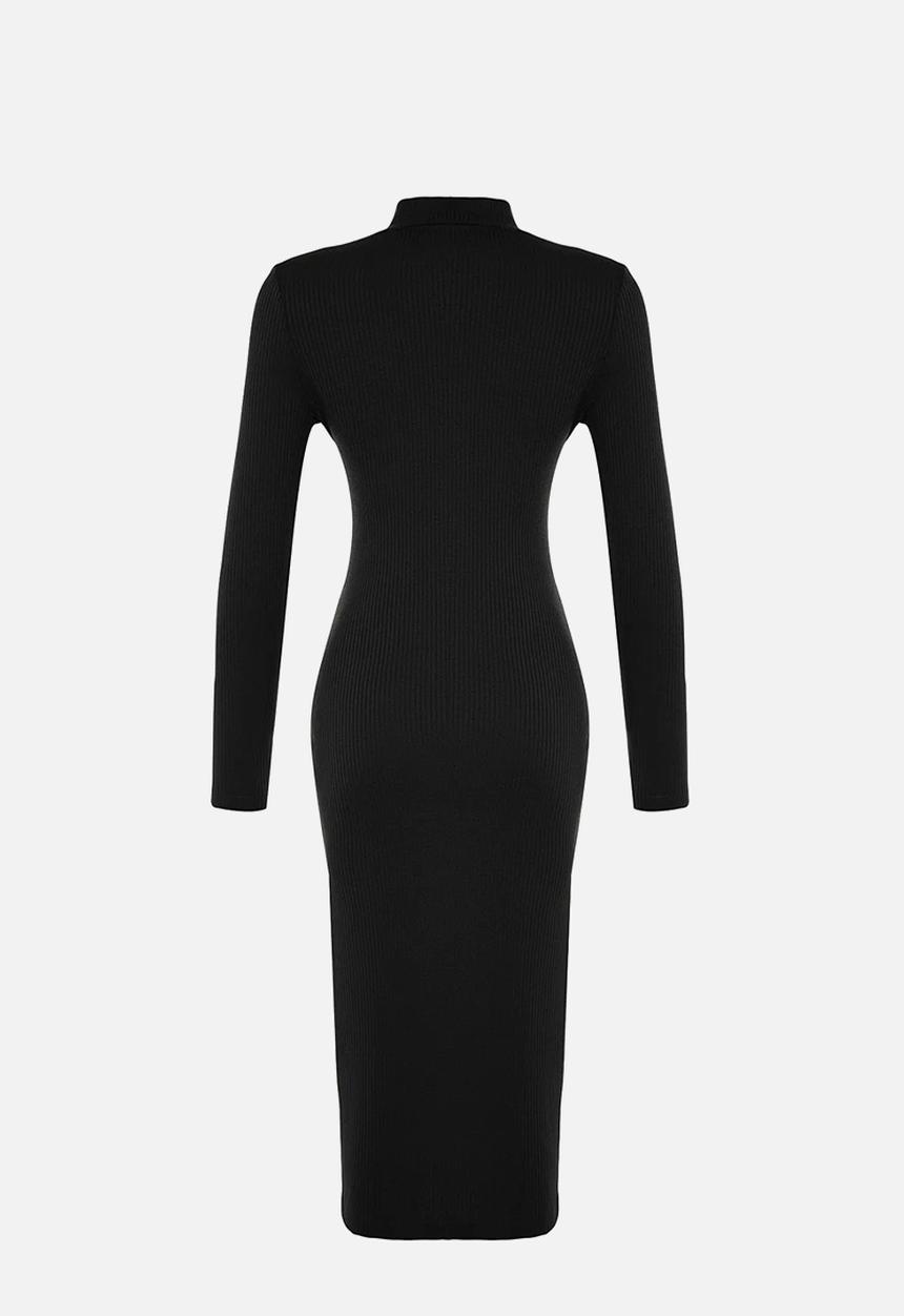 Trendyol - Ribbed Deep Slit Detailed Fitted Midi Stretchy Knitted Dress - Black