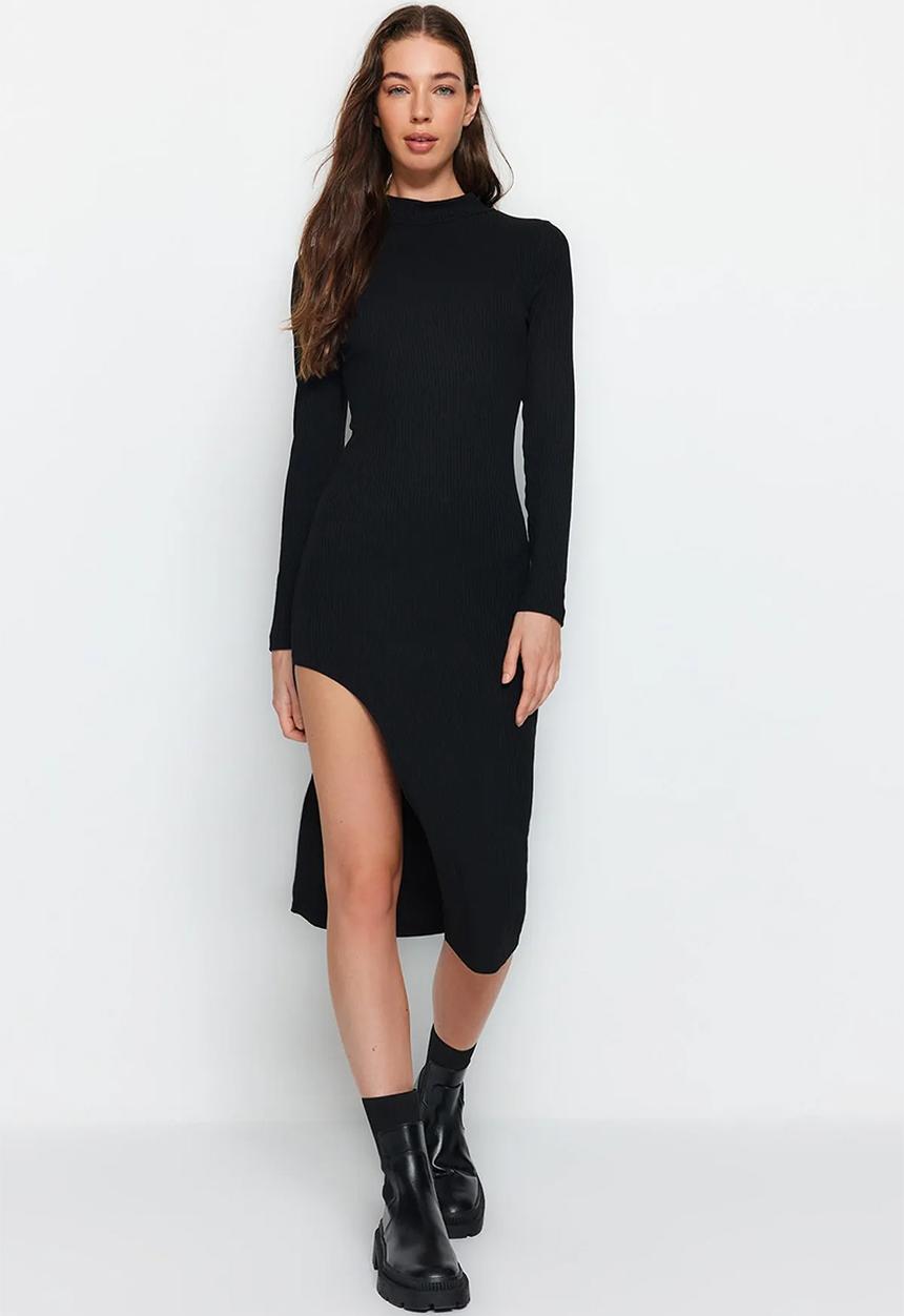 Trendyol - Ribbed Deep Slit Detailed Fitted Midi Stretchy Knitted Dress - Black