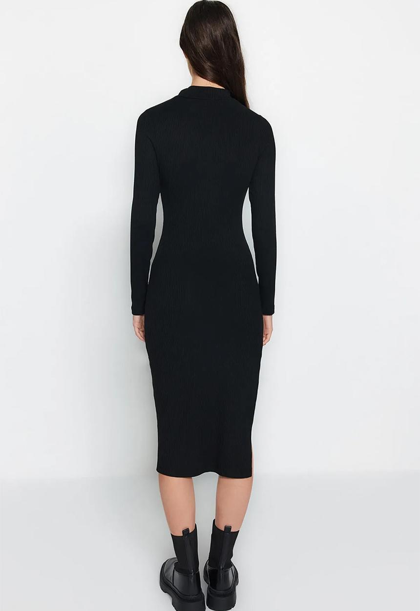 Trendyol - Ribbed Deep Slit Detailed Fitted Midi Stretchy Knitted Dress - Black