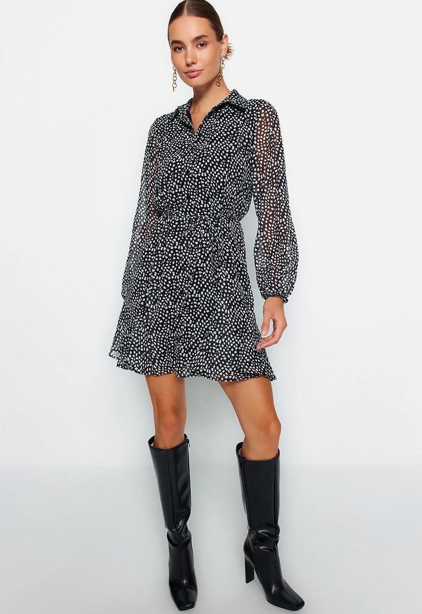 Trendyol - Belted Polka Dot Mini Lined Chiffon Winter Shirt Dress - Black