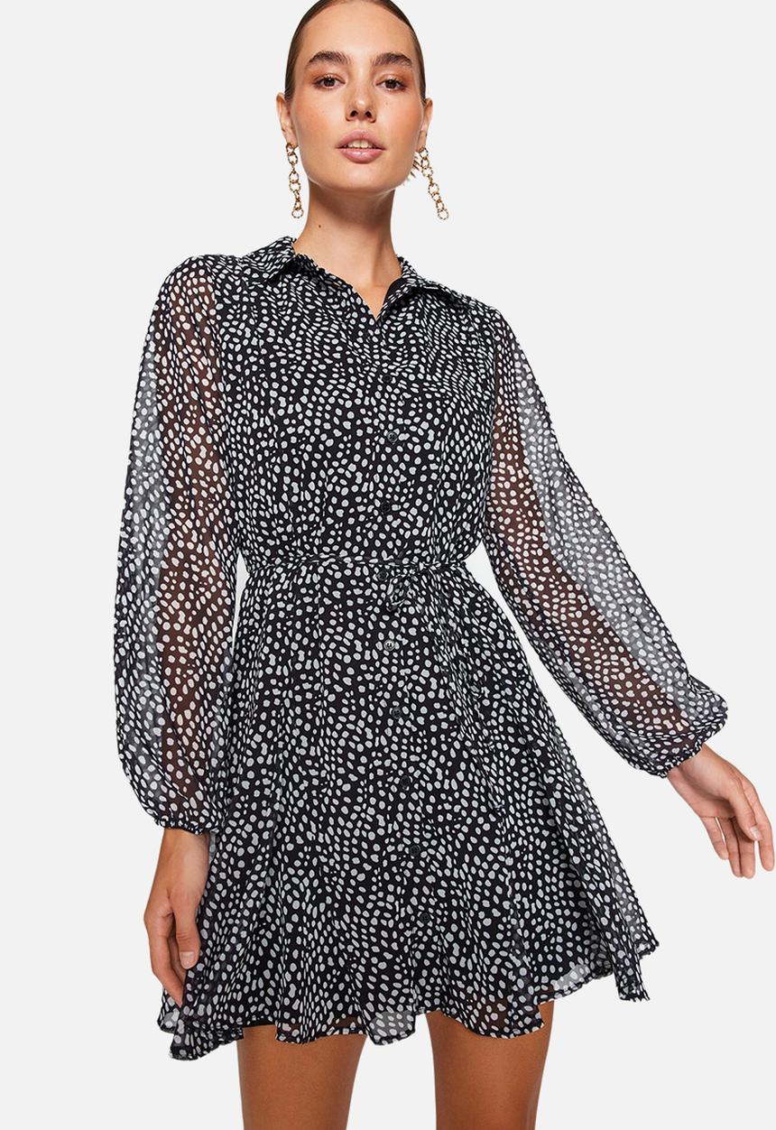 Trendyol - Belted Polka Dot Mini Lined Chiffon Winter Shirt Dress - Black