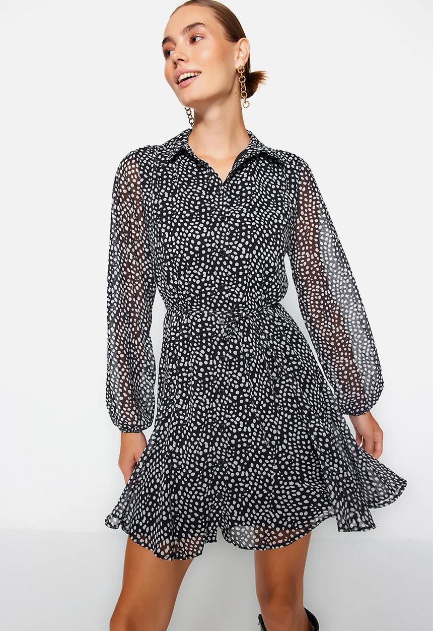 Trendyol - Belted Polka Dot Mini Lined Chiffon Winter Shirt Dress - Black