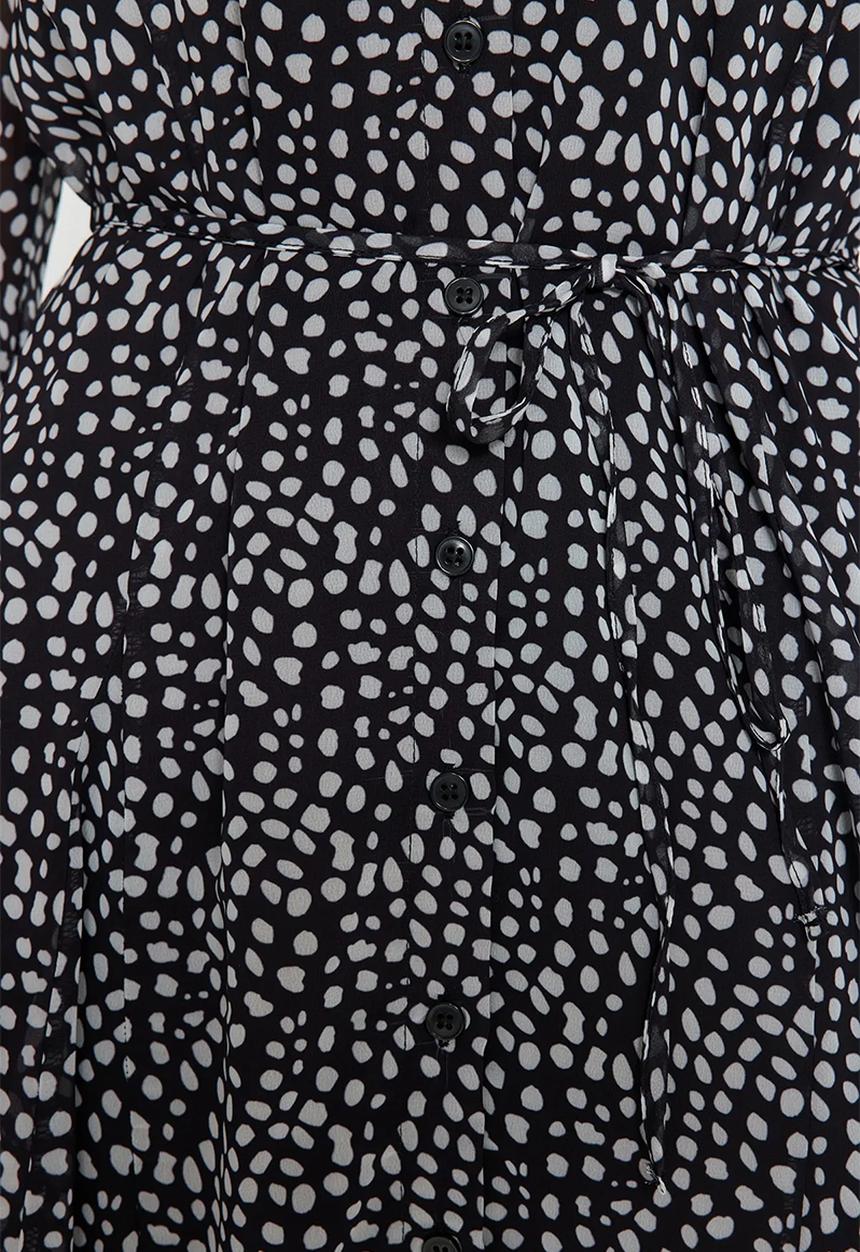 Trendyol - Belted Polka Dot Mini Lined Chiffon Winter Shirt Dress - Black
