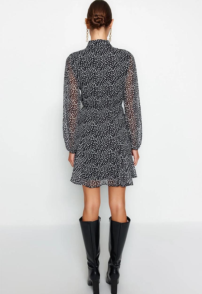 Trendyol - Belted Polka Dot Mini Lined Chiffon Winter Shirt Dress - Black