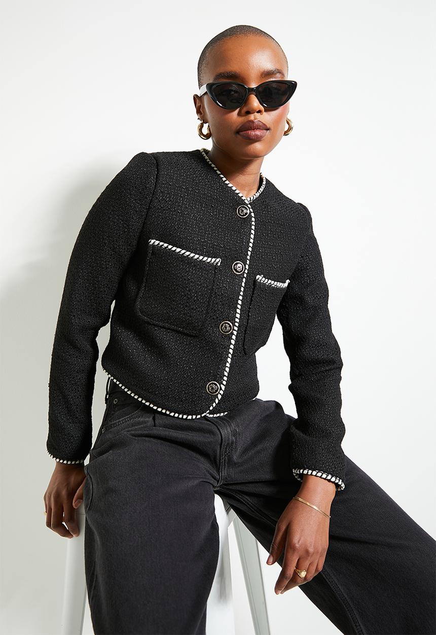 edit - Co-ord tweed blaket stitch jacket - black tweed