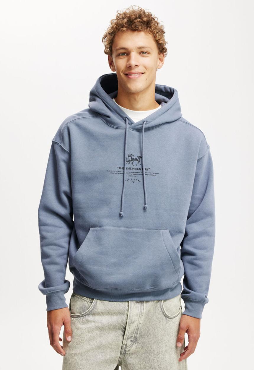Cotton On - Box fit graphic hoodie - dusty denim/american way