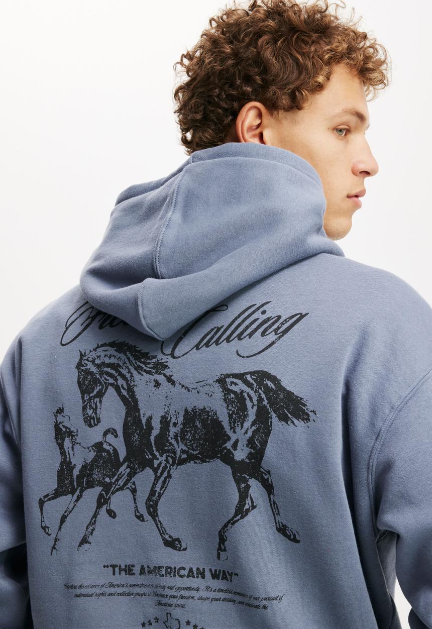 Cotton On - Box fit graphic hoodie - dusty denim/american way
