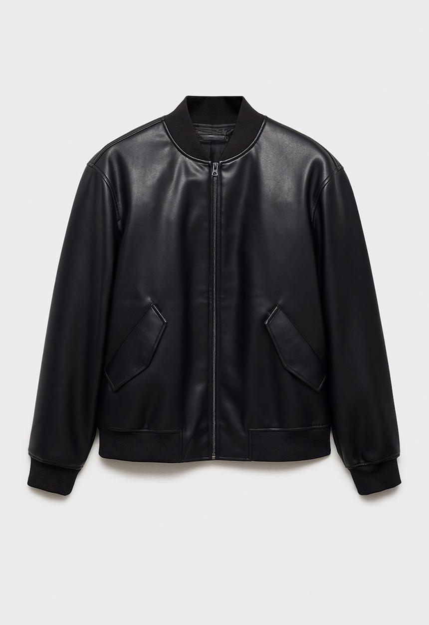 MANGO - Pla Leather-effect bomber jacket - Black