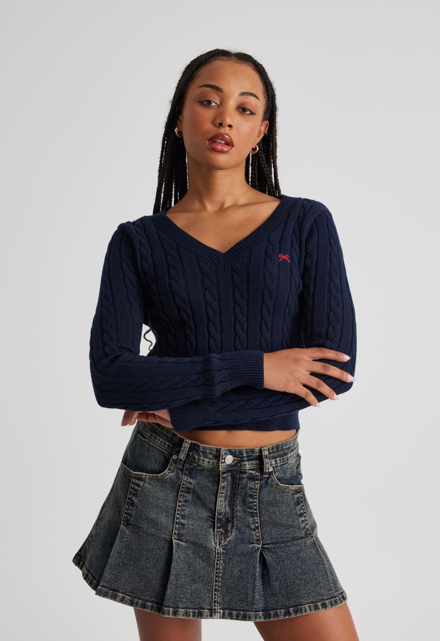 Factorie - Lena Cable Knit V Neck Sweater - Navy Blazer/Cherry