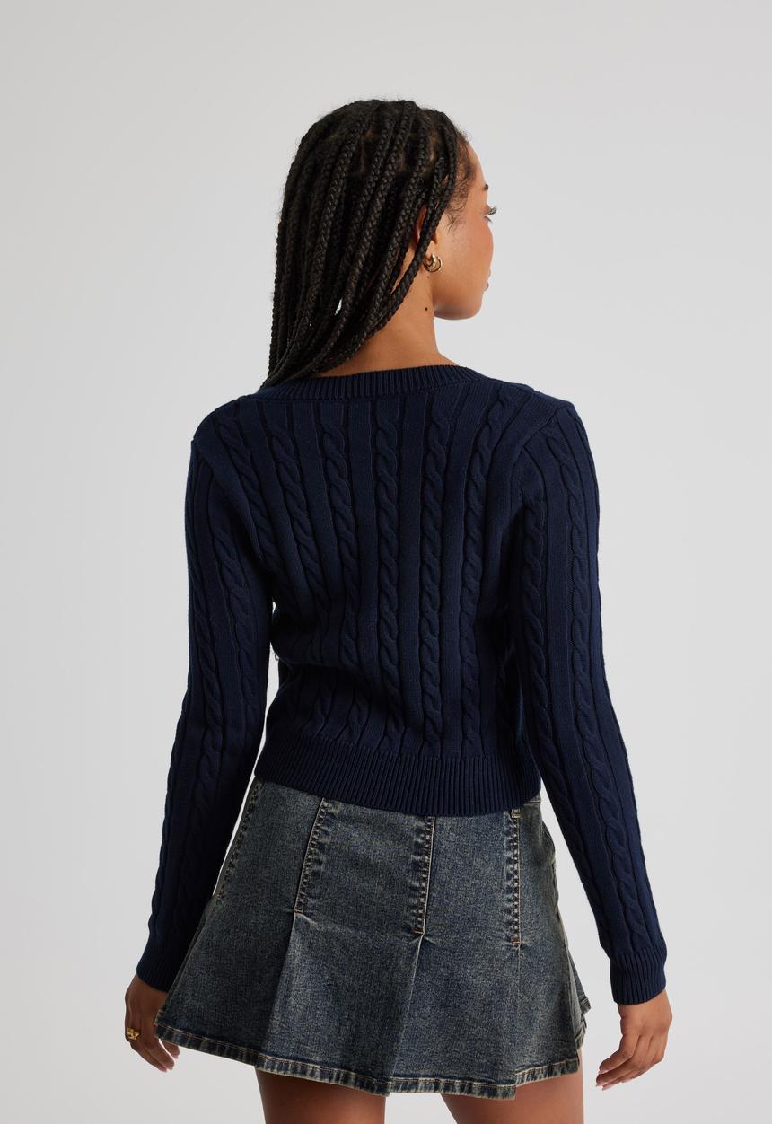 Factorie - Lena Cable Knit V Neck Sweater - Navy Blazer/Cherry
