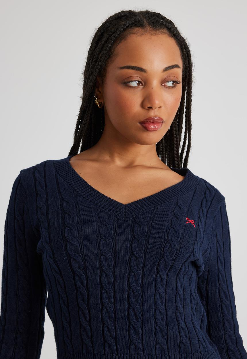 Factorie - Lena Cable Knit V Neck Sweater - Navy Blazer/Cherry