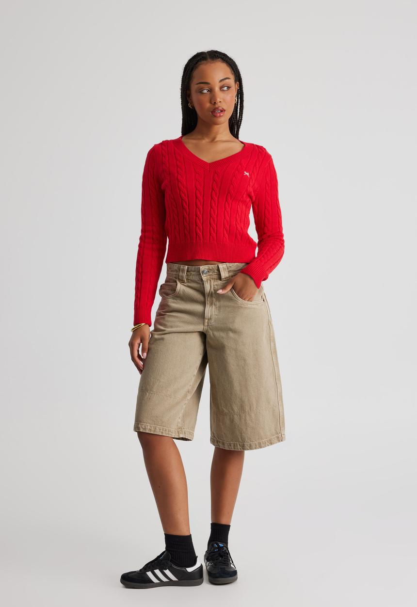 Factorie - Lena Cable Knit V Neck Sweater - Postbox Red/Cherrry