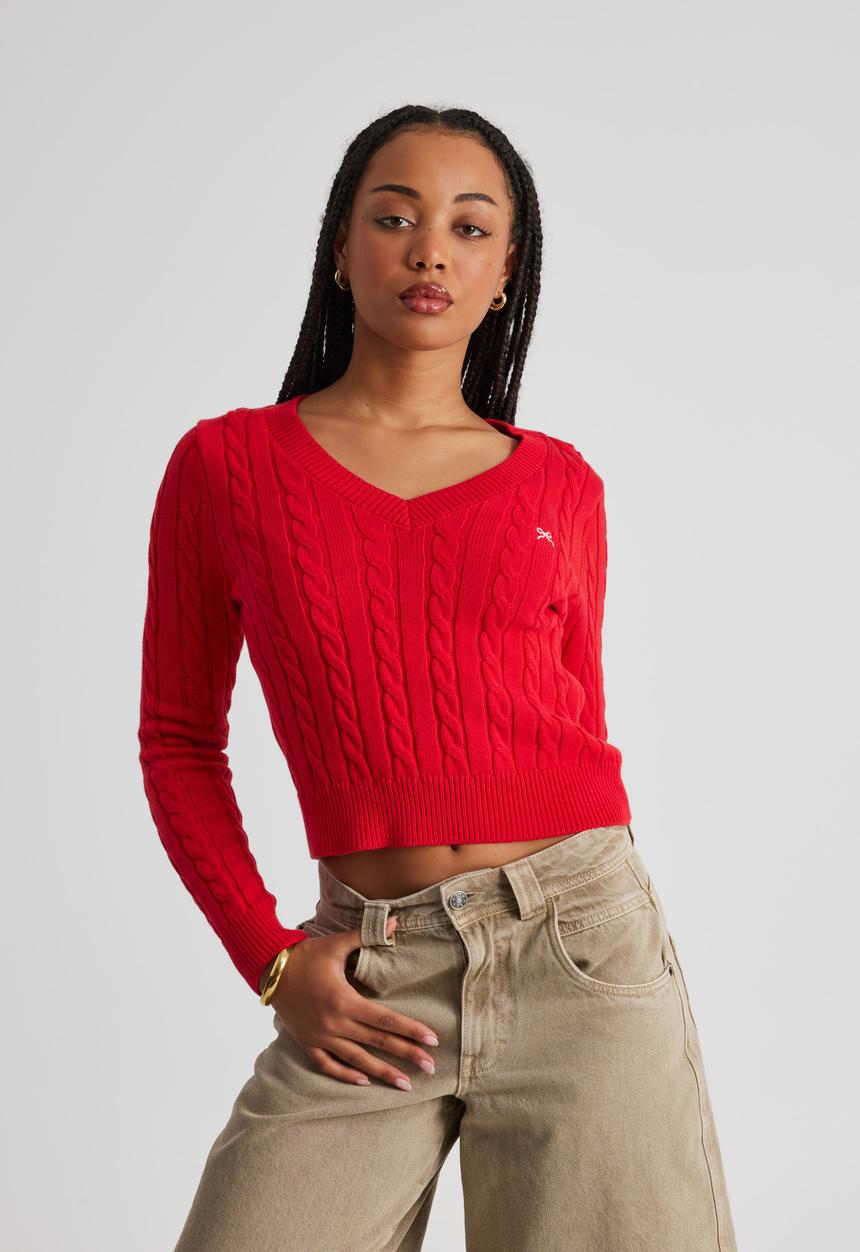 Factorie - Lena Cable Knit V Neck Sweater - Postbox Red/Cherrry