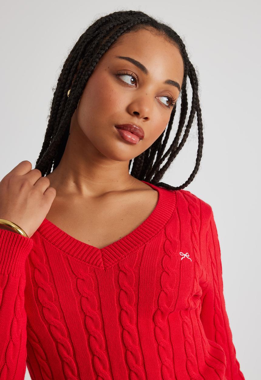 Factorie - Lena Cable Knit V Neck Sweater - Postbox Red/Cherrry