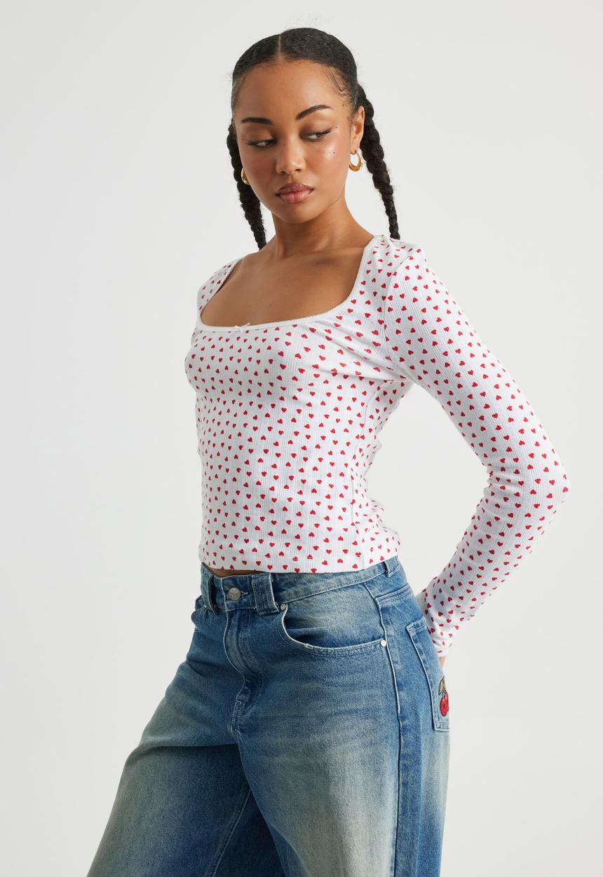 Factorie - Ava Pointelle Long Sleeve Top - White/Hearts