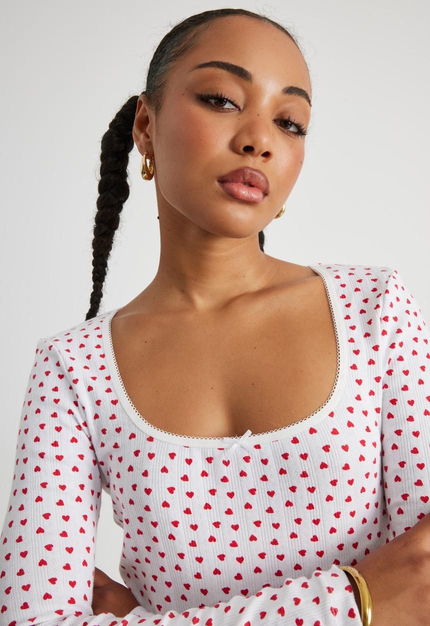 Factorie - Ava Pointelle Long Sleeve Top - White/Hearts
