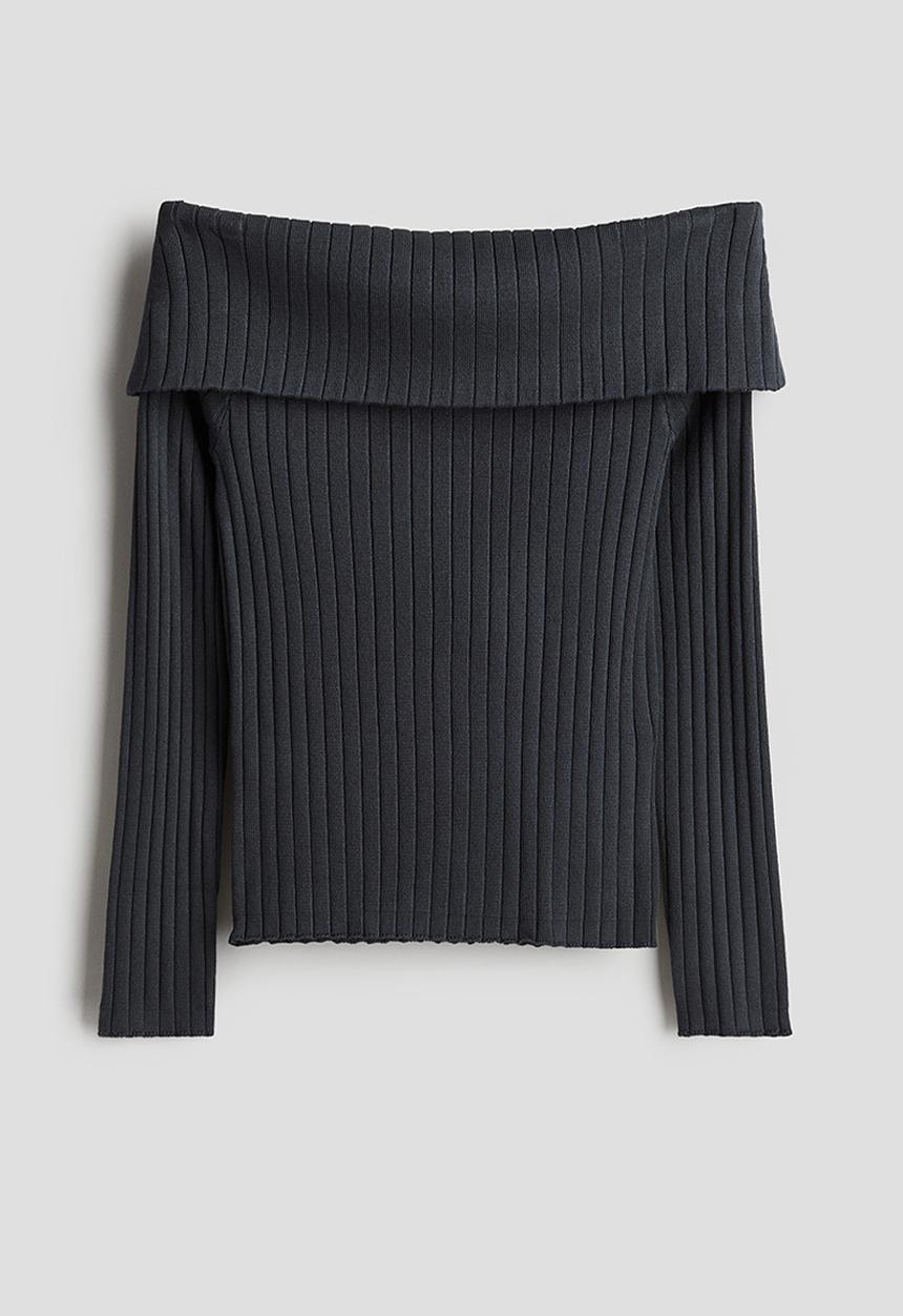 H&M - Rib-knit off-the-shoulder top - Grey