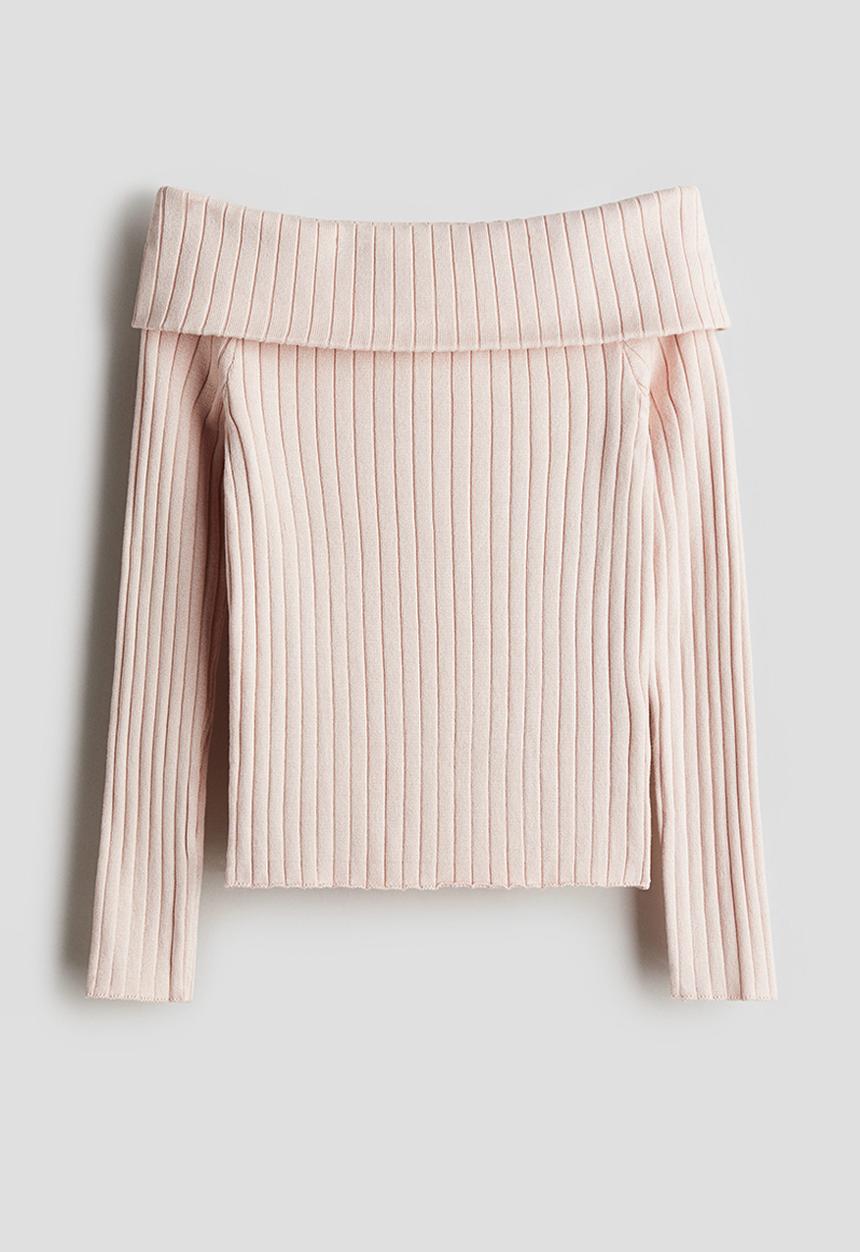 H&M - Rib-knit off-the-shoulder top - Pink