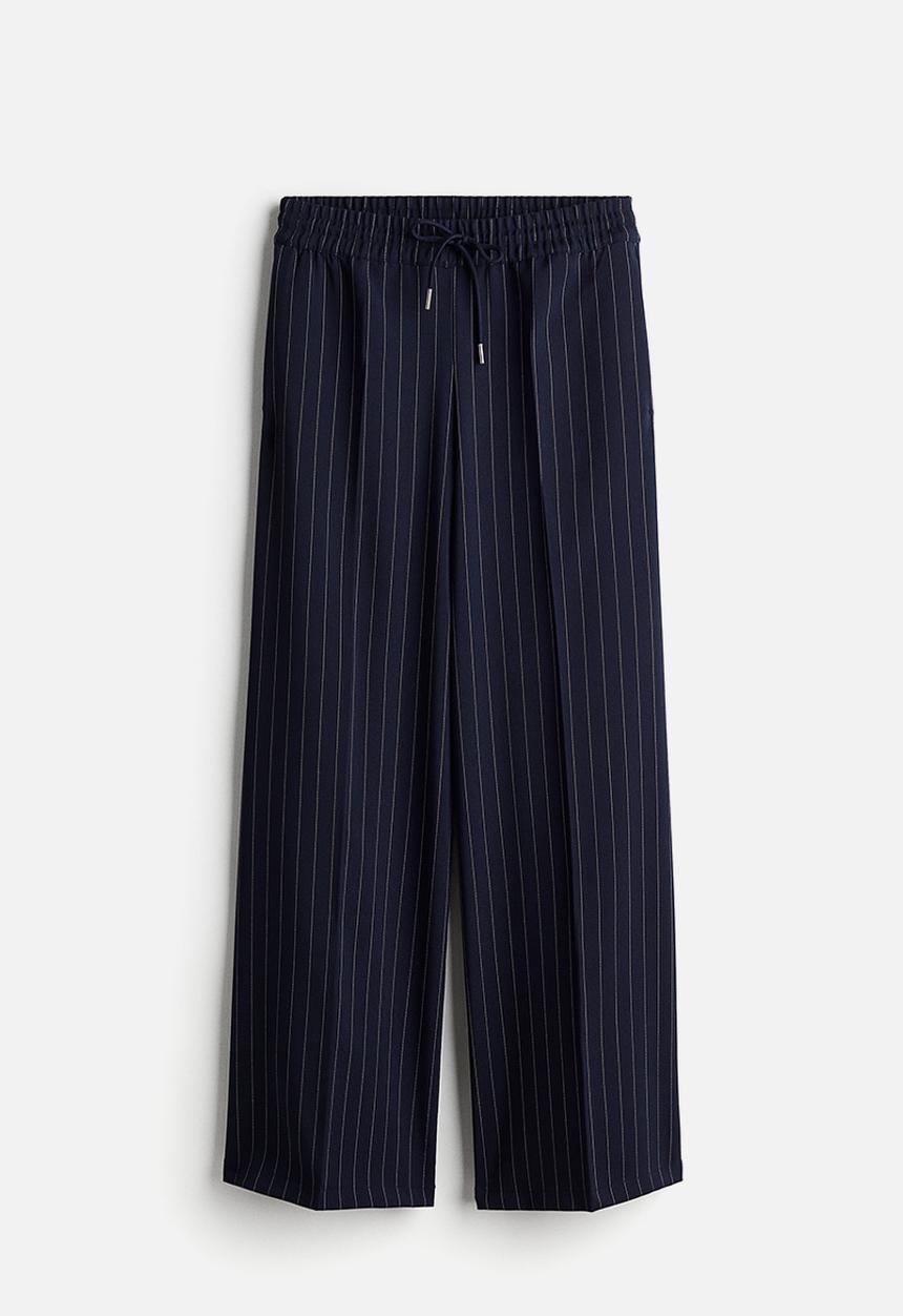 H&M - Wide pull-on trousers - navy blue/pinstriped