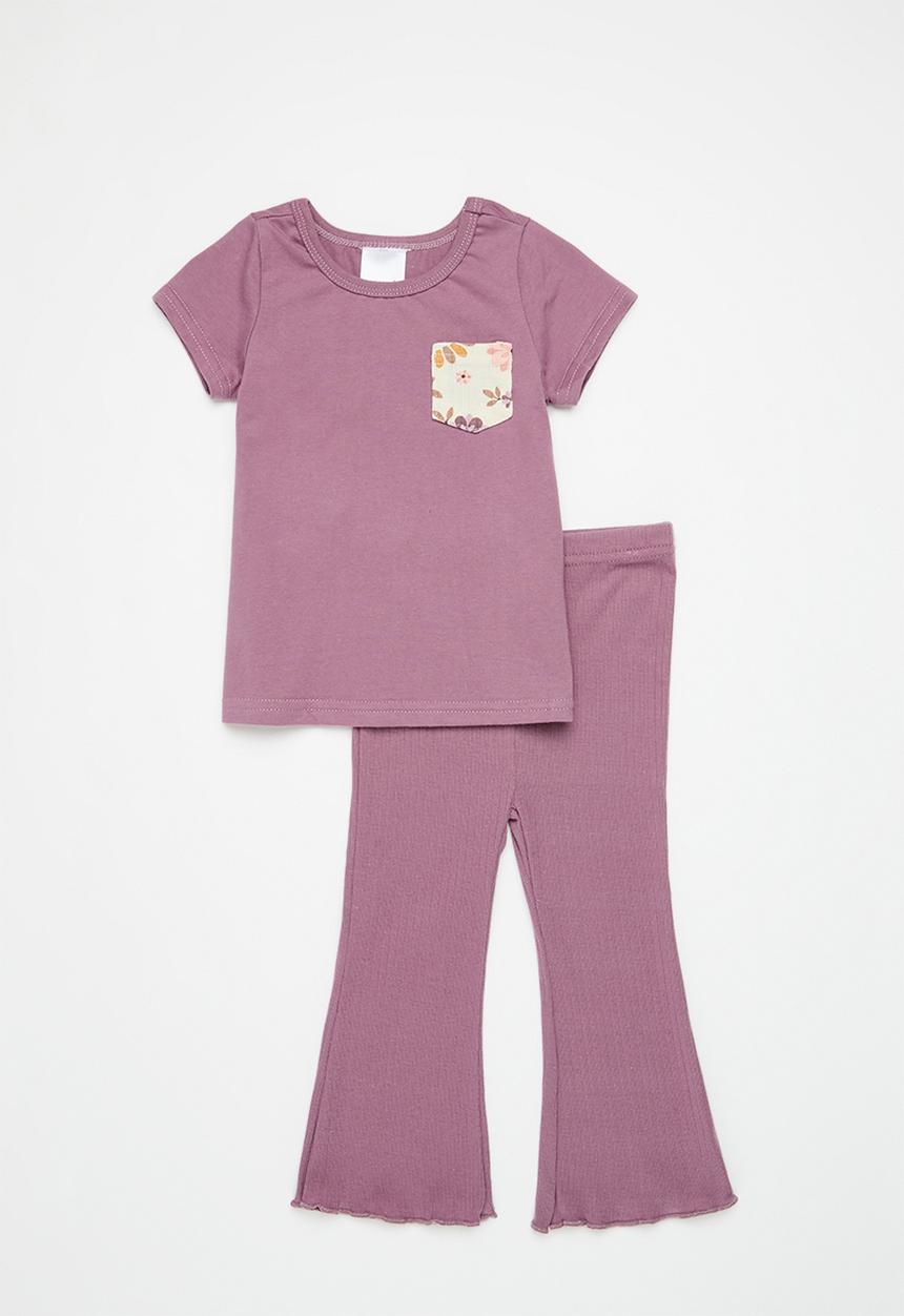 Pop Candy - Top with floral print pocket & flared leggings - mauve