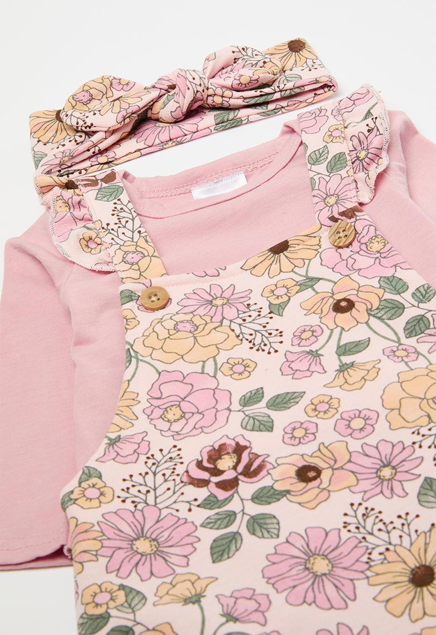 Pop Candy - Floral dungaree/ bodyvest and headband set-multi