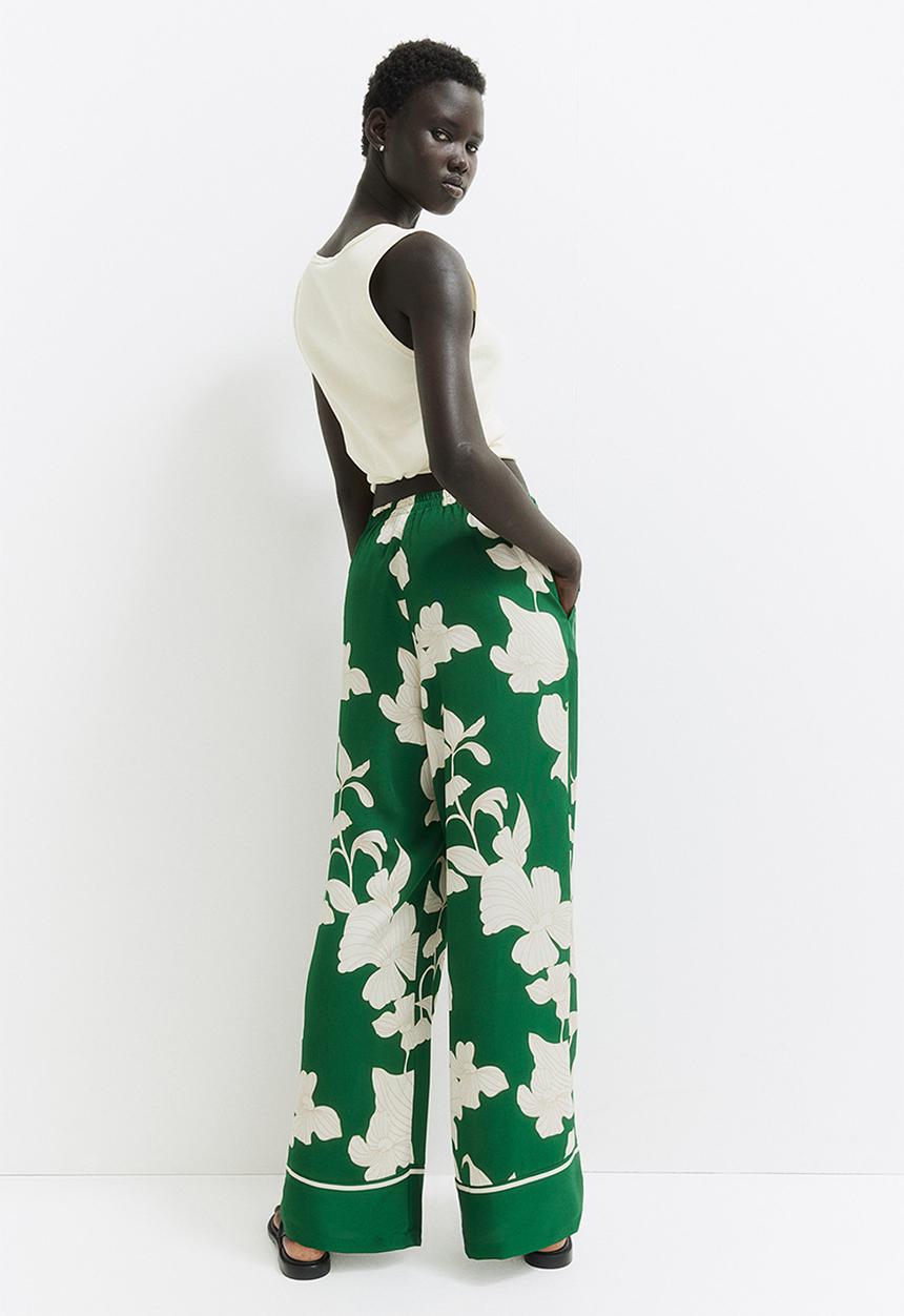 H&M - Wide pull-on trousers - green & cream floral