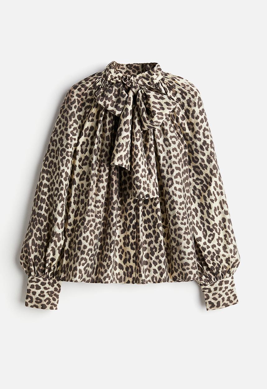 H&M - Tie-neck blouse -  light beige/leopard print 