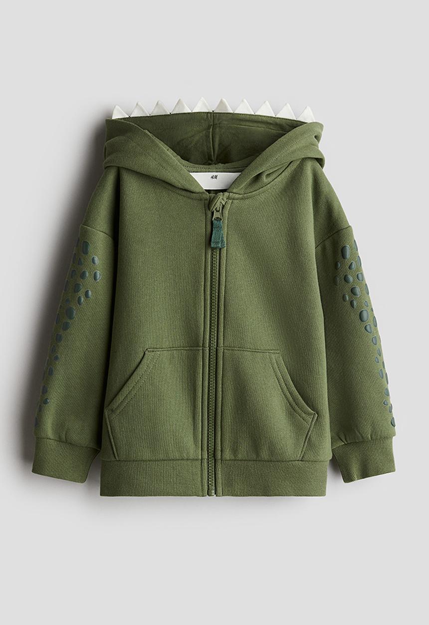 H&M - Appliquéd zip-through hoodie - khaki green & dinosaur
