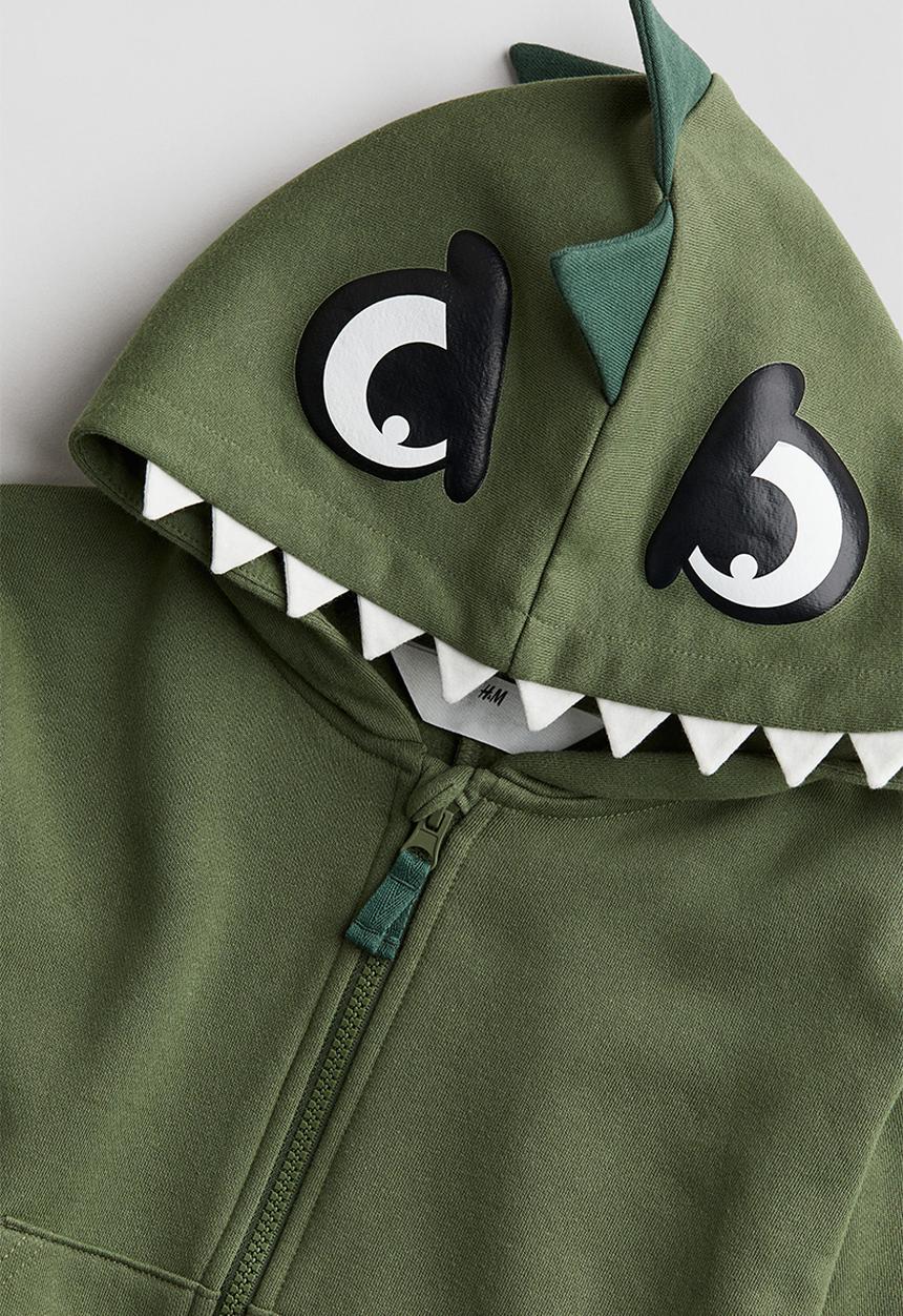 H&M - Appliquéd zip-through hoodie - khaki green & dinosaur