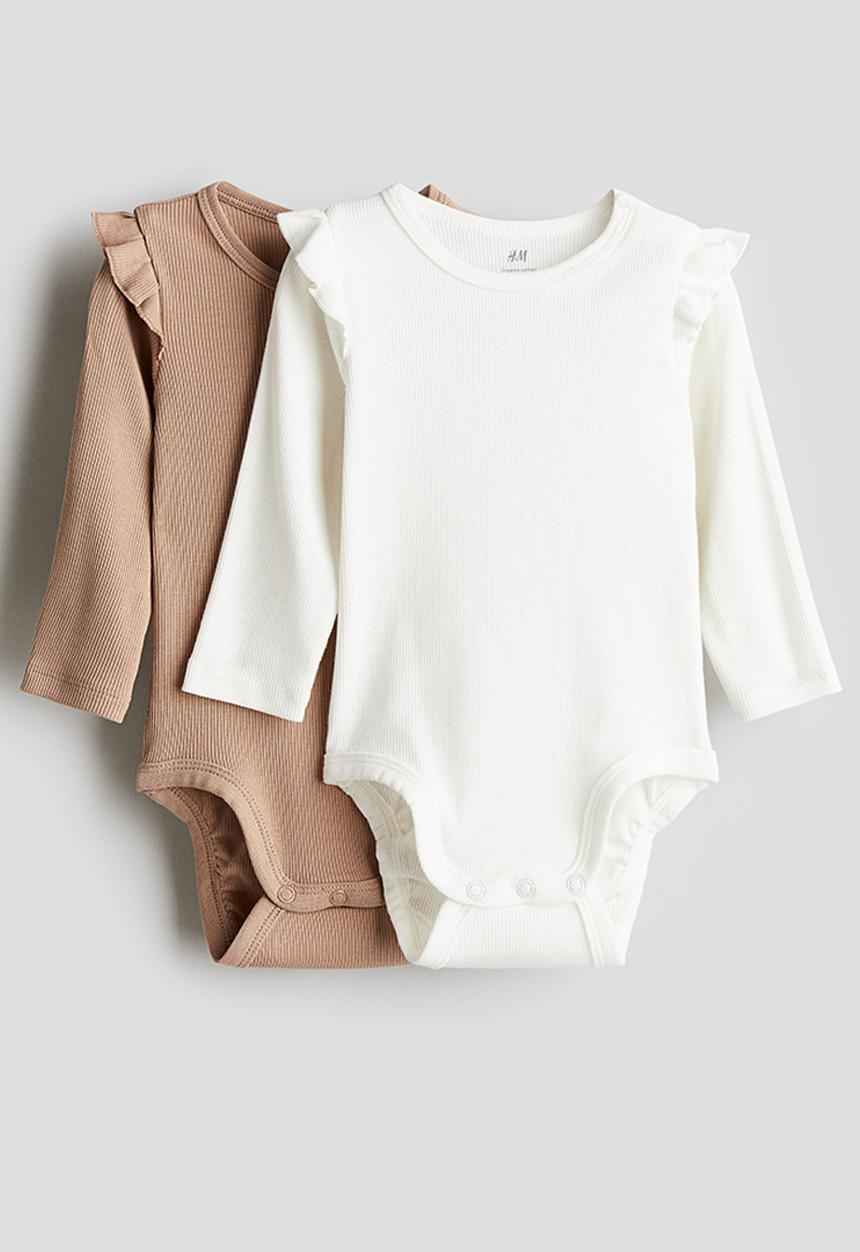 H&M - 2-Pack long-sleeved bodysuits - beige & white