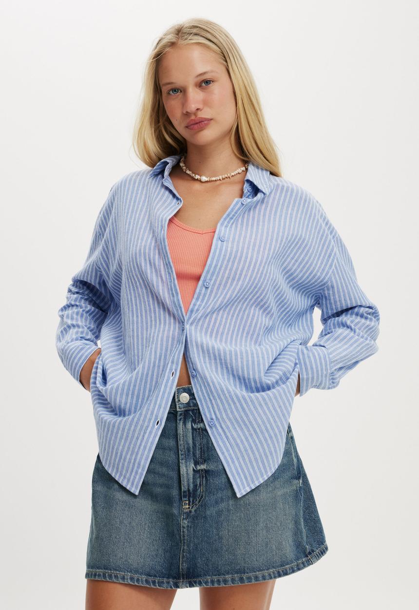 Cotton On - Haven Long Sleeve Shirt - Blue Stripe Texture