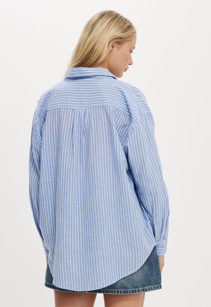 Cotton On - Haven Long Sleeve Shirt - Blue Stripe Texture