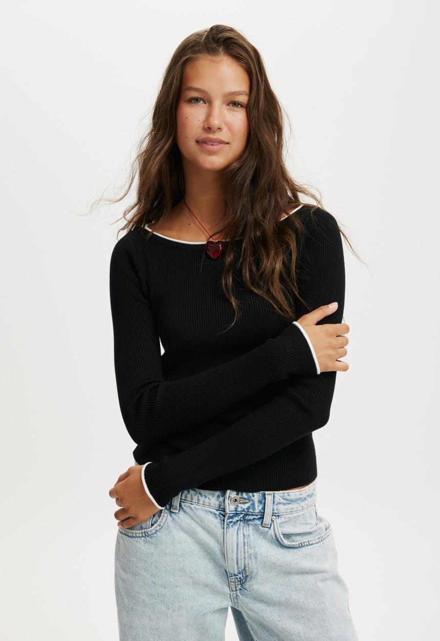 Cotton On - Everfine Boat Neck Knit Long Sleeve - Black