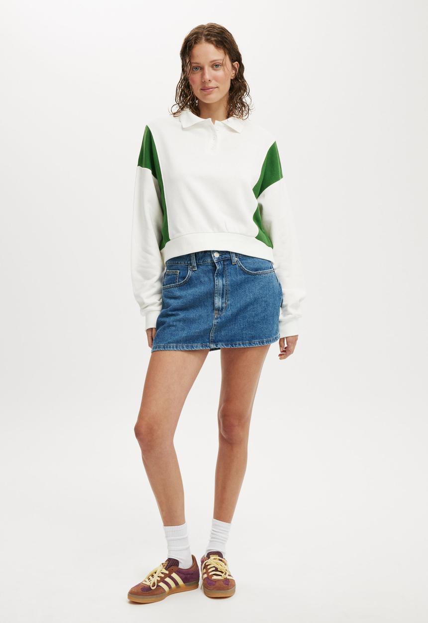 Cotton On - Classic Fleece Button Up Sweatshirt - White & Emerald Green