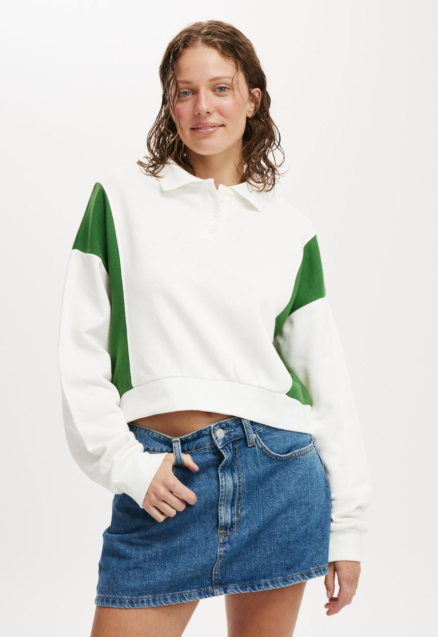 Cotton On - Classic Fleece Button Up Sweatshirt - White & Emerald Green